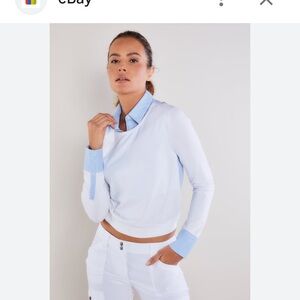 Anatomie Joss Crewneck Pullover with Faux White and Blue Striped Blouse